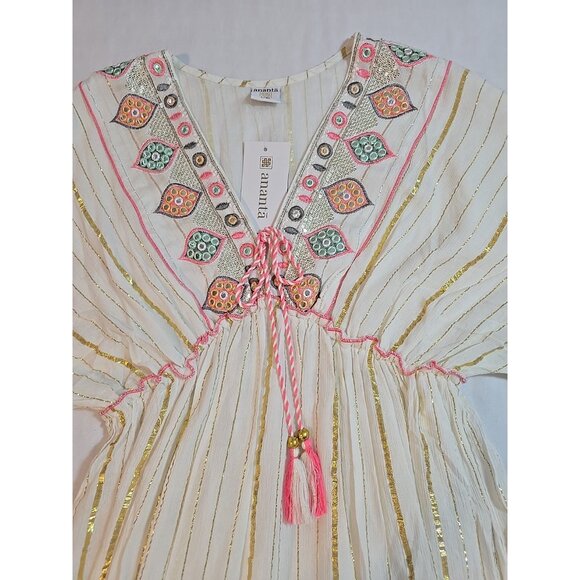 ananta size L/XL cream Boho flowy maxi dress‎ embroidered gold striped New - Picture 7 of 16